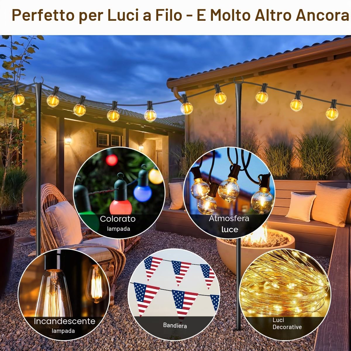 Confezione da 6 pali luminosi per esterni, in metallo resistente, per luci esterne con forcella, accessori di illuminazione regolabili per decorazione patio, cortile, pergola, decorazioni da giardino