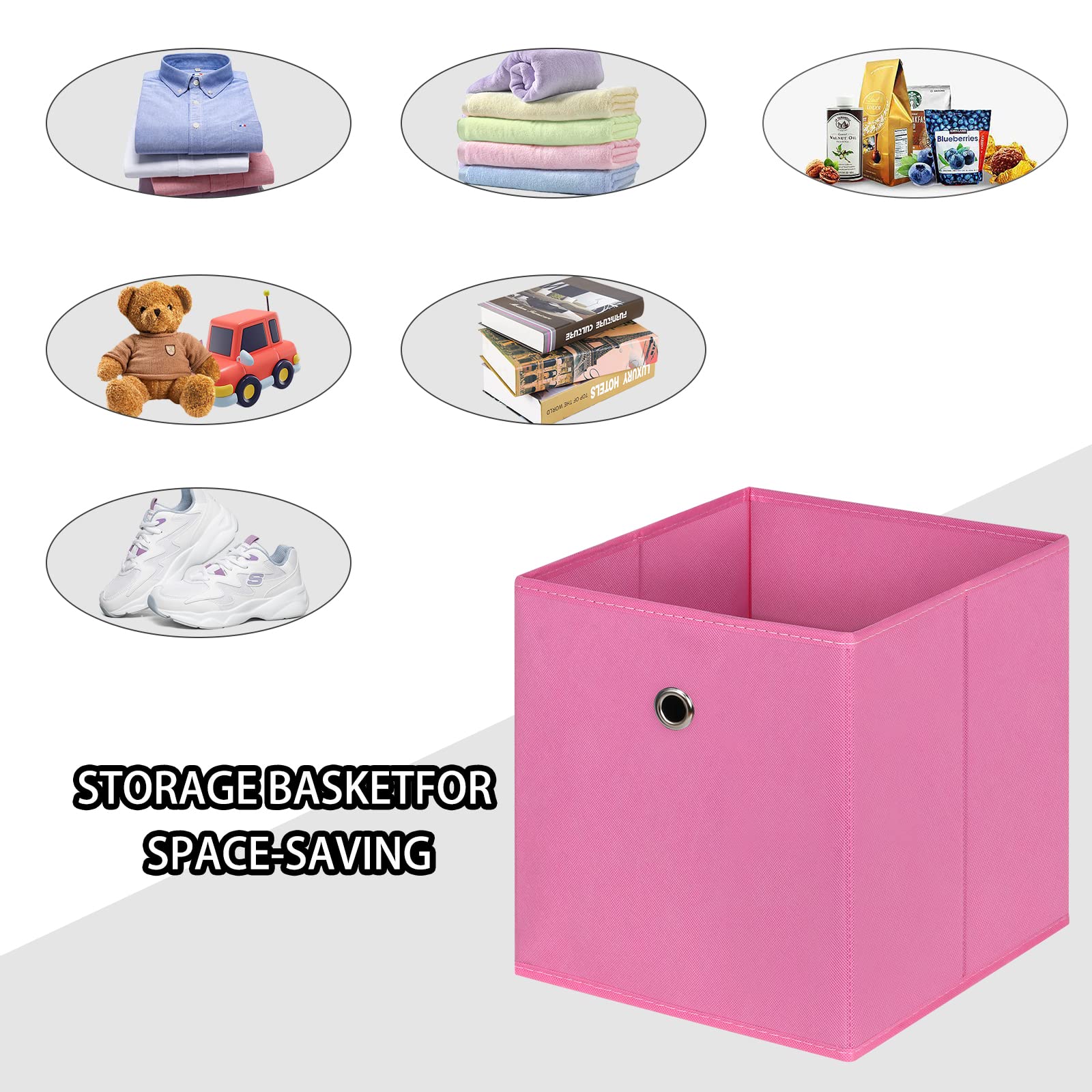 Cubos de almacenamiento plegables, cubos de almacenamiento de tela de 11 pulgadas, cestas organizadoras con asas dobles para el hogar, juego de 6 (rosa)