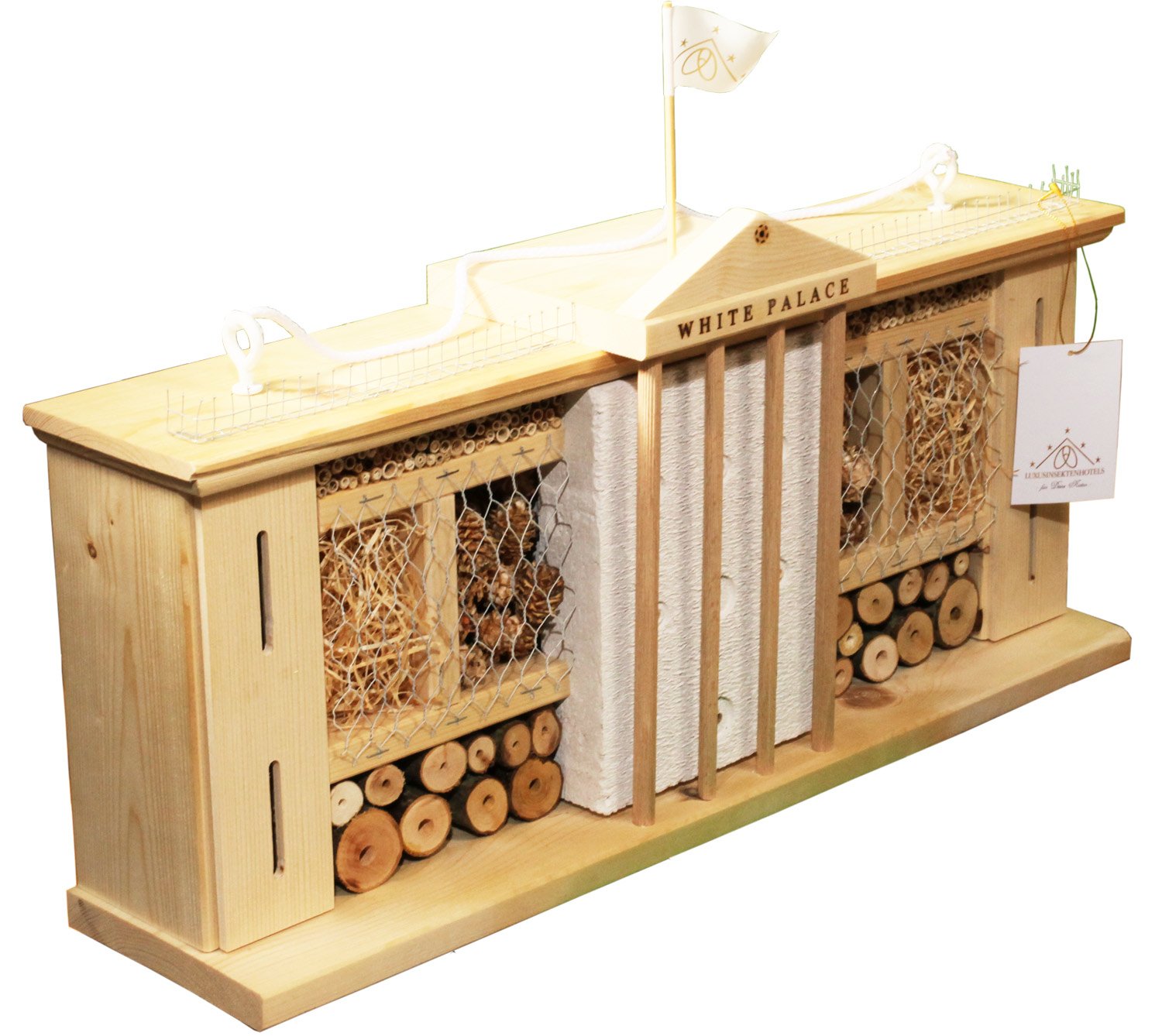 LUXUS-INSEKTENHOTELS 22634e "Weißer Palast" - Design Wildbienenhaus aus unbehandeltem Holz - hochwertige Nisthilfe für solitäre Wildbienen - Insekten Nisthöhle als Bausatz - 58 x 12 x 30 cm - Weiß