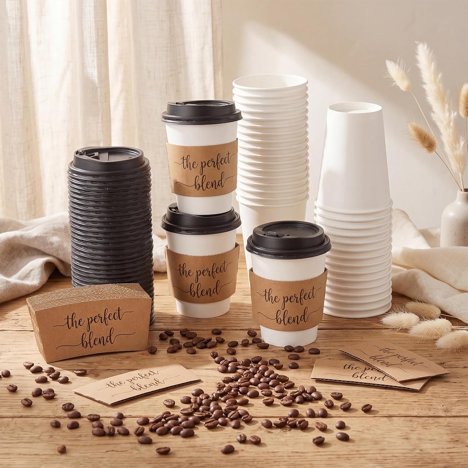 Jingmore 50 Sets 12 oz Wedding Coffee Paper Cup Sets The Perfect Blend Disposable Drinking Cups with Sleeves Lid for Bridal Shower Engagement Cafe Party Reception Favors