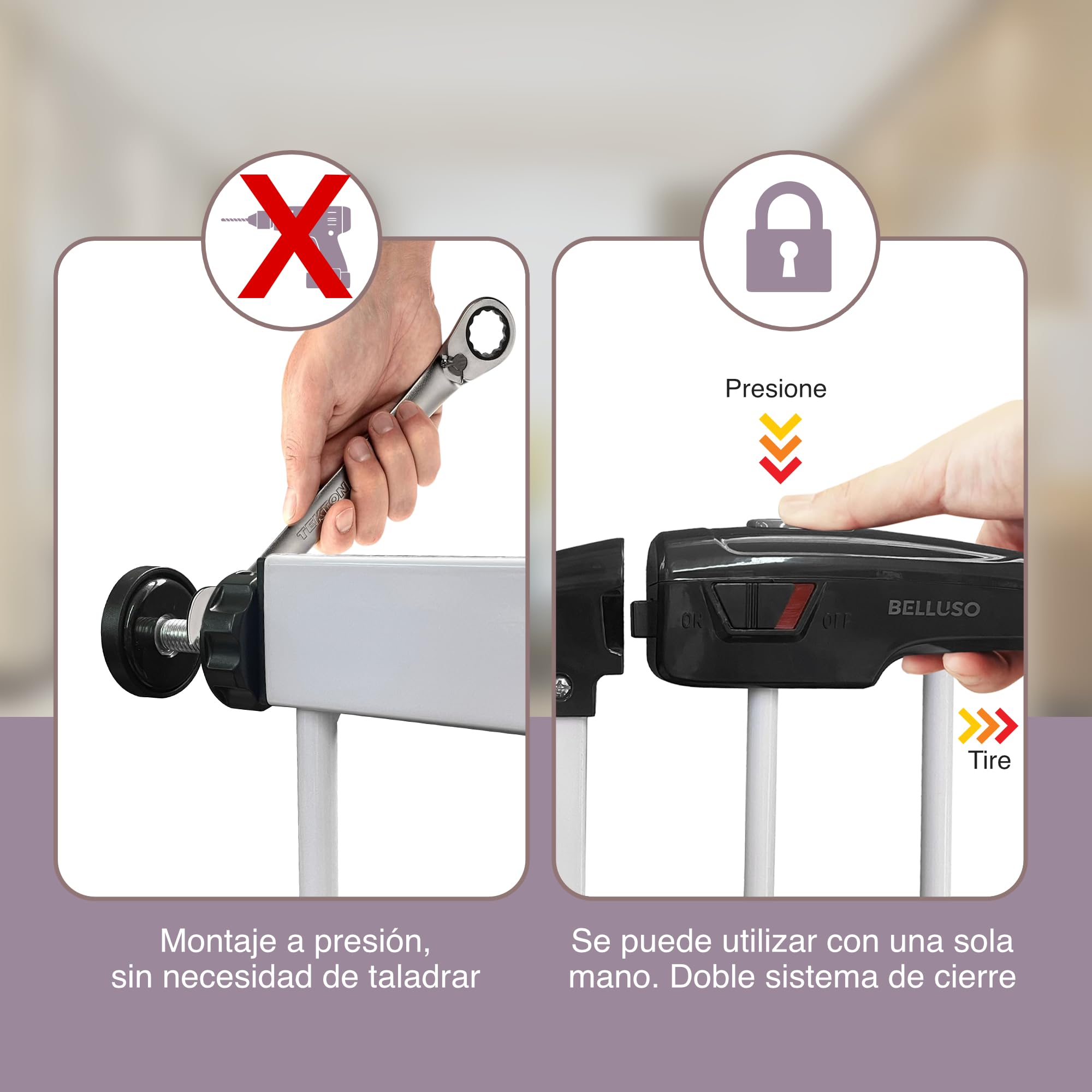 Barrera Seguridad Extra Alta (90cm) y Extensible (76-121cm) | Barrera para Perros y Pequeños de la Casa con Sistema Doble de Cierre Automático y Montada a Presion. Vallas para Perros para Varias Areas