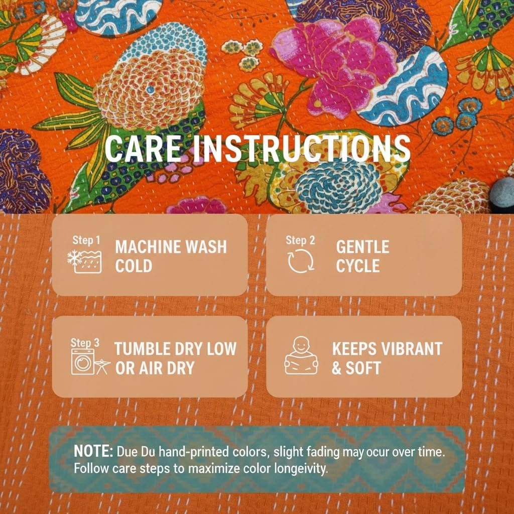 Handmade Cotton Kantha Quilt - Reversible Bedspread with Floral & Fruit Pattern, Traditional Indian Gudri, Orange 90x108 inch, Decorative Kantha Stitch, Pure Cotton, Twin/King Size
