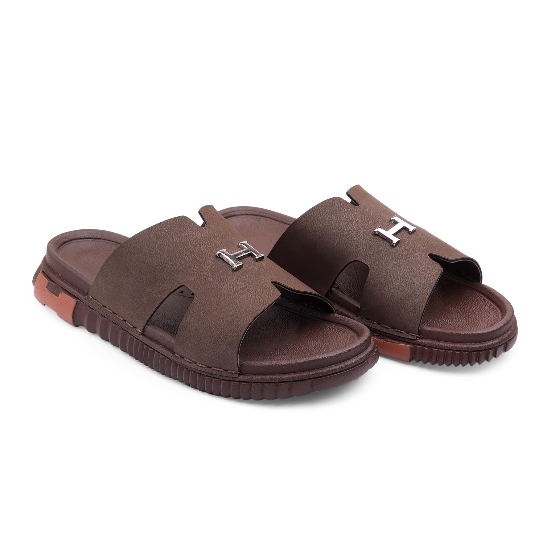 Men's Slide Sandals, Black, H-Buckle Detail, Chunky Sole, Slip-On Style-picture-52