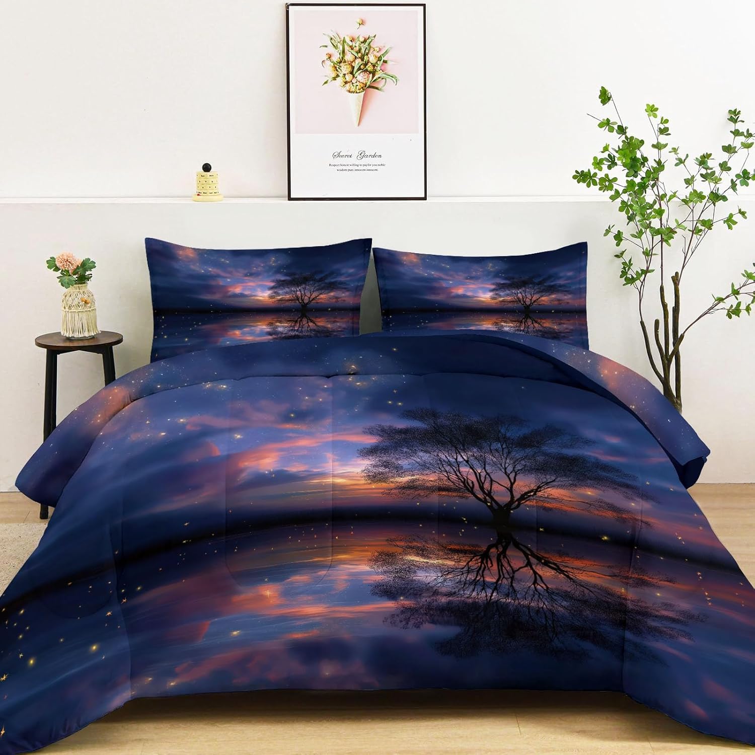 Bedding Fantasy Night Sky Stars Trees Comforter Set with 2 Pillow Shams, 3 Piece Soft Twin Bed Comforter Blue-Purple Bedding for Boys and Girls, Lightweight, Breathable, Easy Care