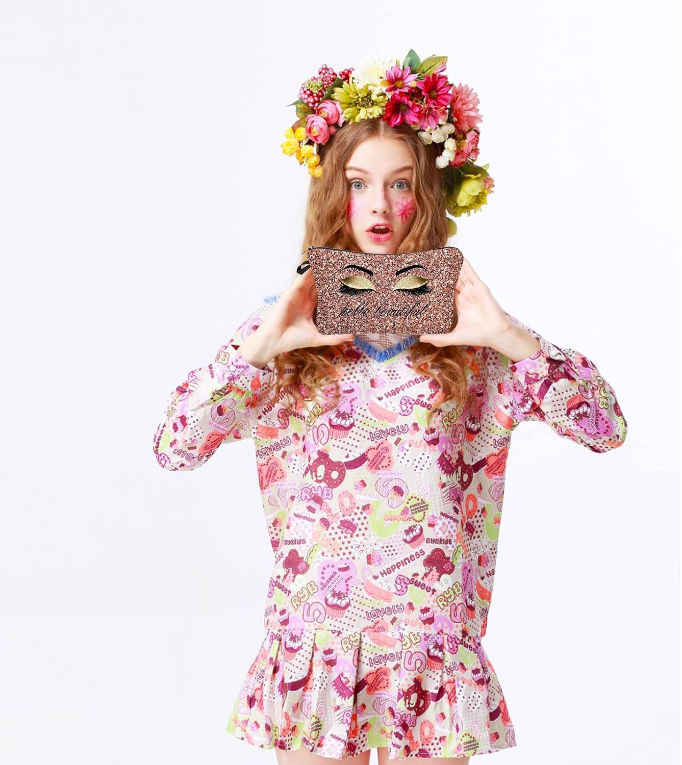 Hello Beautiful Makeup Bag for Purse Eyelash Pink Cosmetic Bags for Women Inspirational Gift Small Funny Cosmetics Glitters Eyeshadows Travel Bag Cases for Toiletries Accessories Organizer - Image 2