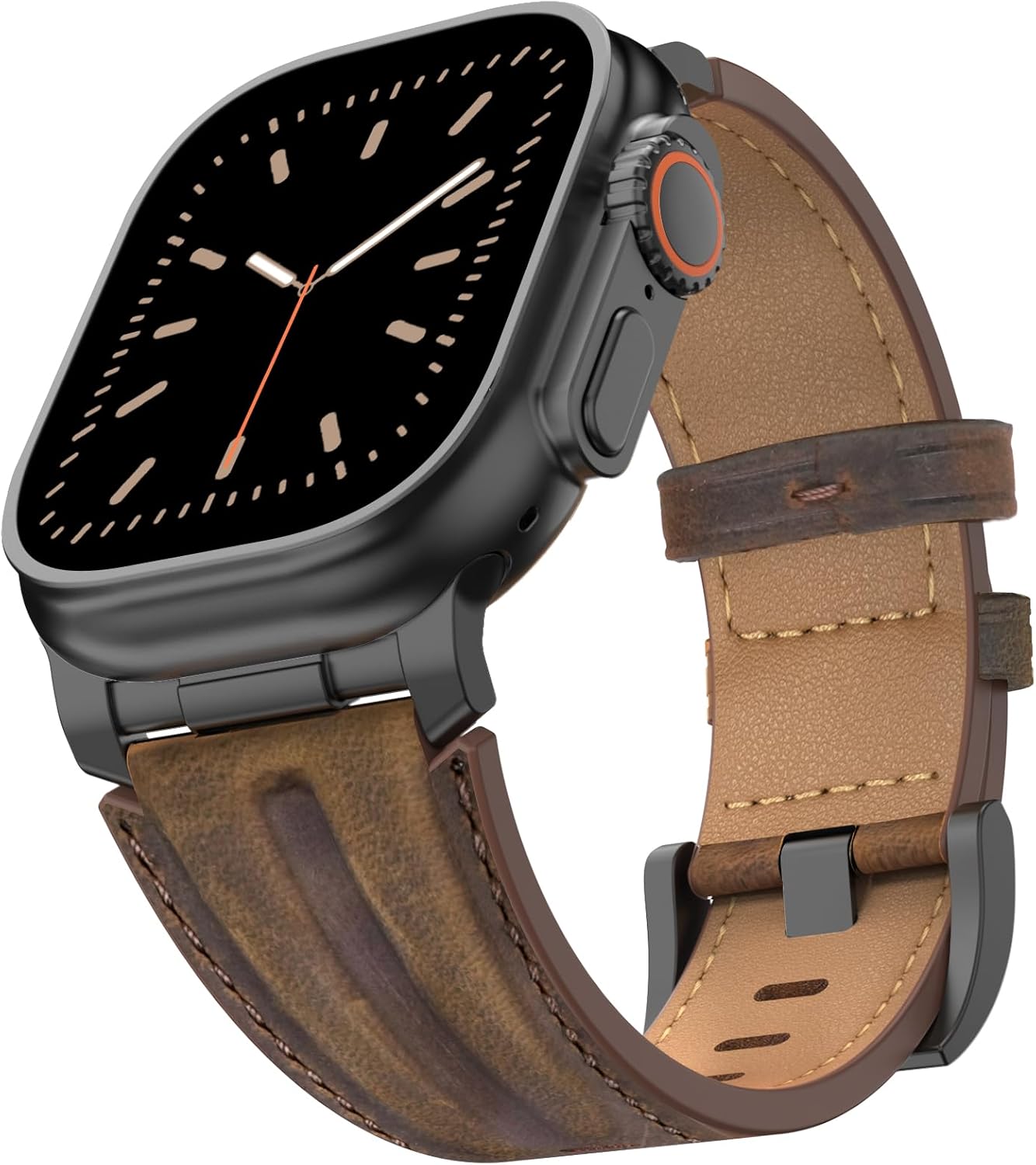 Bouixel Top Grain Genuine Leather Compatible with Apple Watch Ultra 3 Band 49mm 46mm 45mm 44mm 42mm, Rugged Metal Connector Band Strap for Women Men iWatch Ultra 2/1 Series 11 10 9 8 7 6 5 4 3 SE