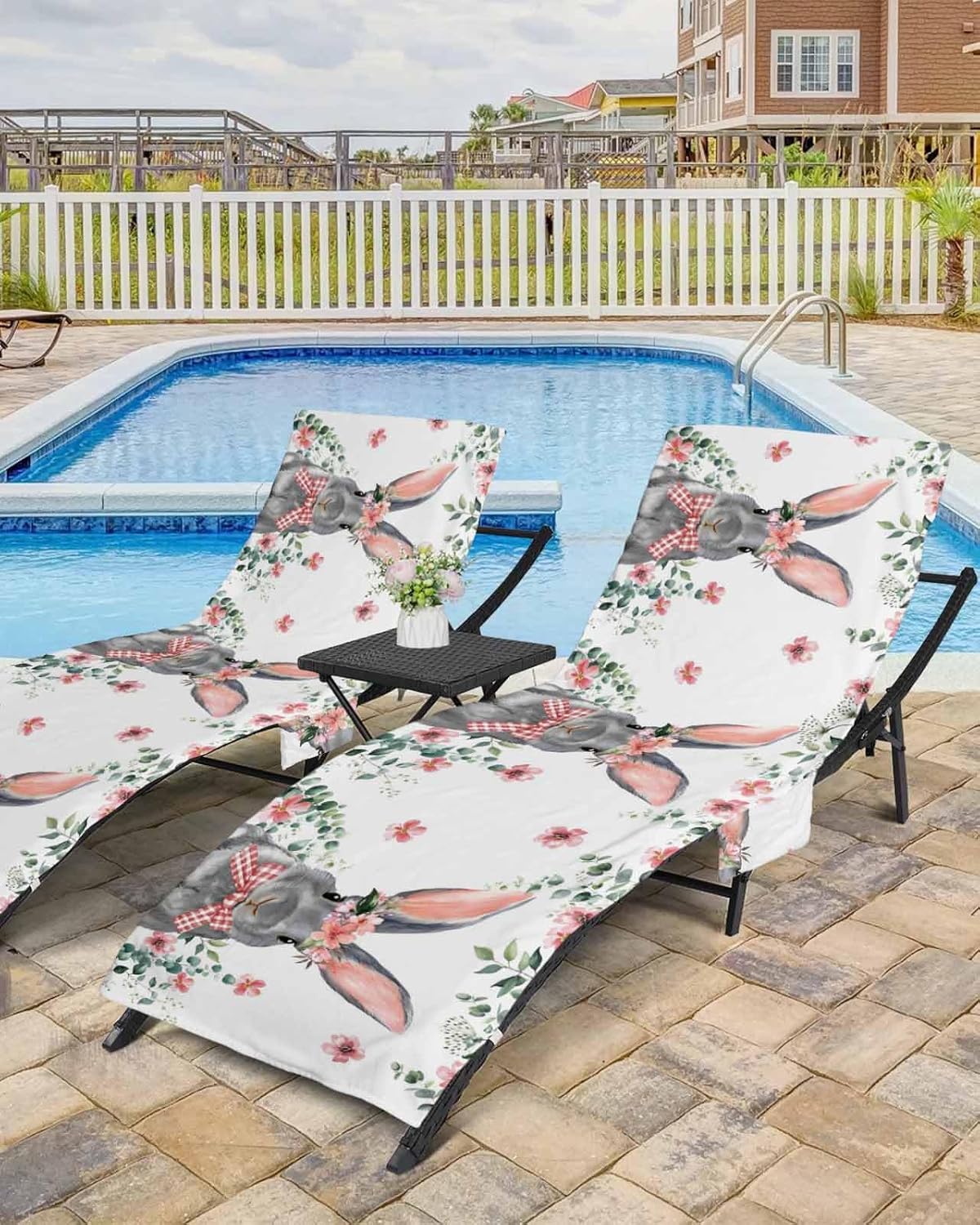 Easter Rabbit Beach Pool Patio Lounge Chaise Chair Cover Towel With Pockets,Absorbent & Quick Dry Microfiber Towel Cover Bag Summer Accessories for Sunbathing Spring Flower Eucalyptus Plant Leaves