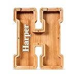 Summidate Customized Name Large Wooden Piggy Bank for Kids Boys Girls Alphabets Letter A-Z Coins Bills Money Change Bank Box Initial on Clear Cover (Laser Engraved) (Alphabet-H, Personalized-9)