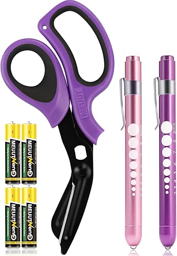 MEUUT Paquete de 3 tijeras médicas y linternas para enfermeras con cuatro baterías, una tijera patentada de 8 pulgadas para trauma, vendaje de