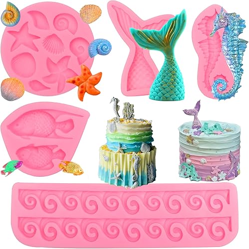 Molde de silicona para chocolate con cola de sirena, estrella de mar, concha, concha, concha, fondant, tema marino, ola de mar, pescado, dulces,
