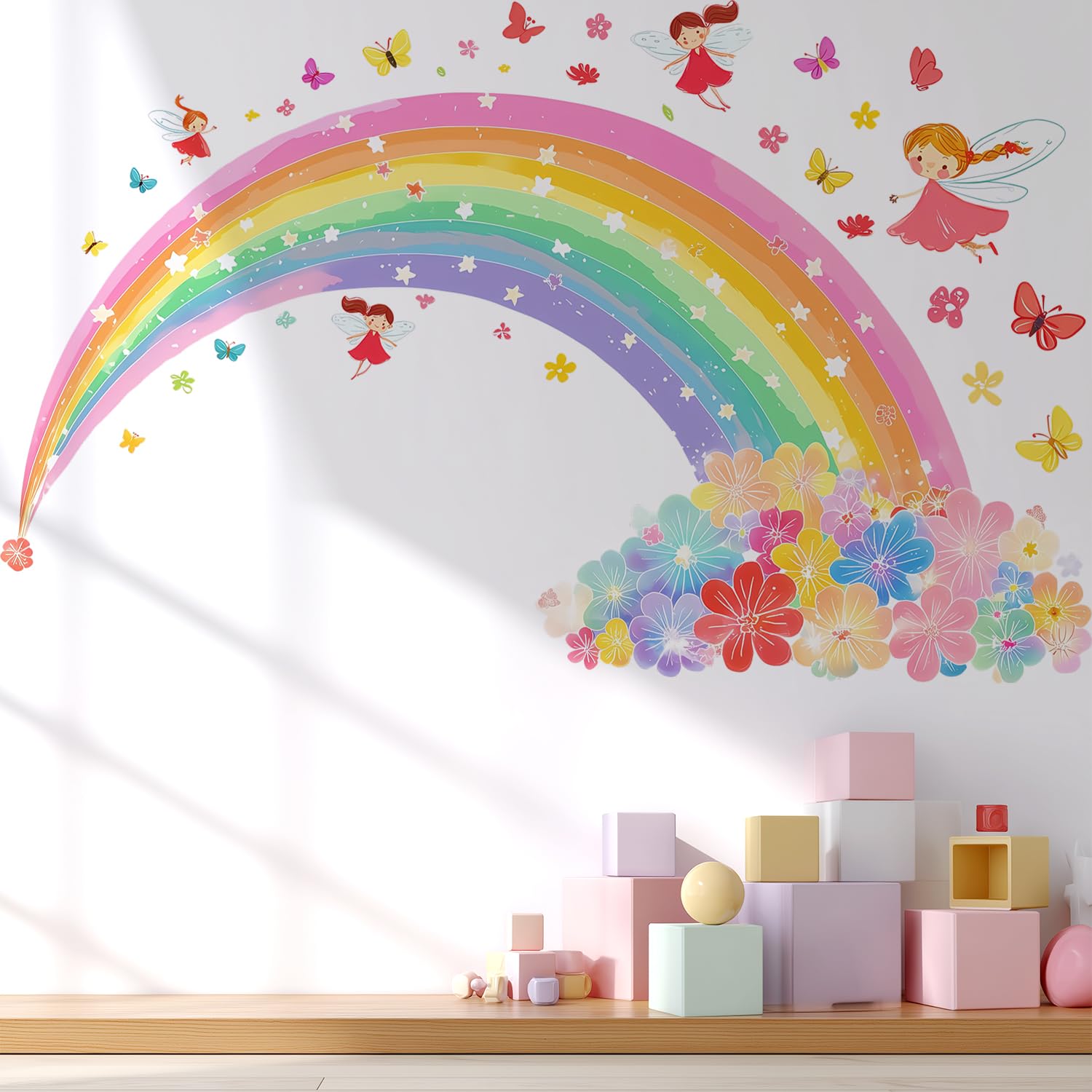 VePret Pink Rainbow Flowers Wall Decals Peel and Stick, Large Fairies Butterflies Wall Stickers & Murals - Image 2