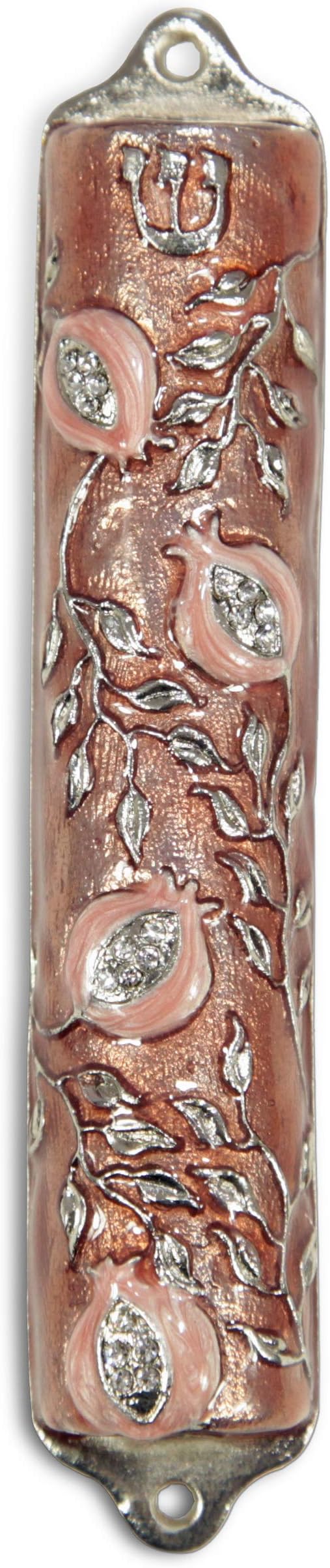 Bless This House with Mezuzah Case | Pomegranate Tree Design Crafted in Pewter | Door Mezuza Case 4" | Rose Pink Color