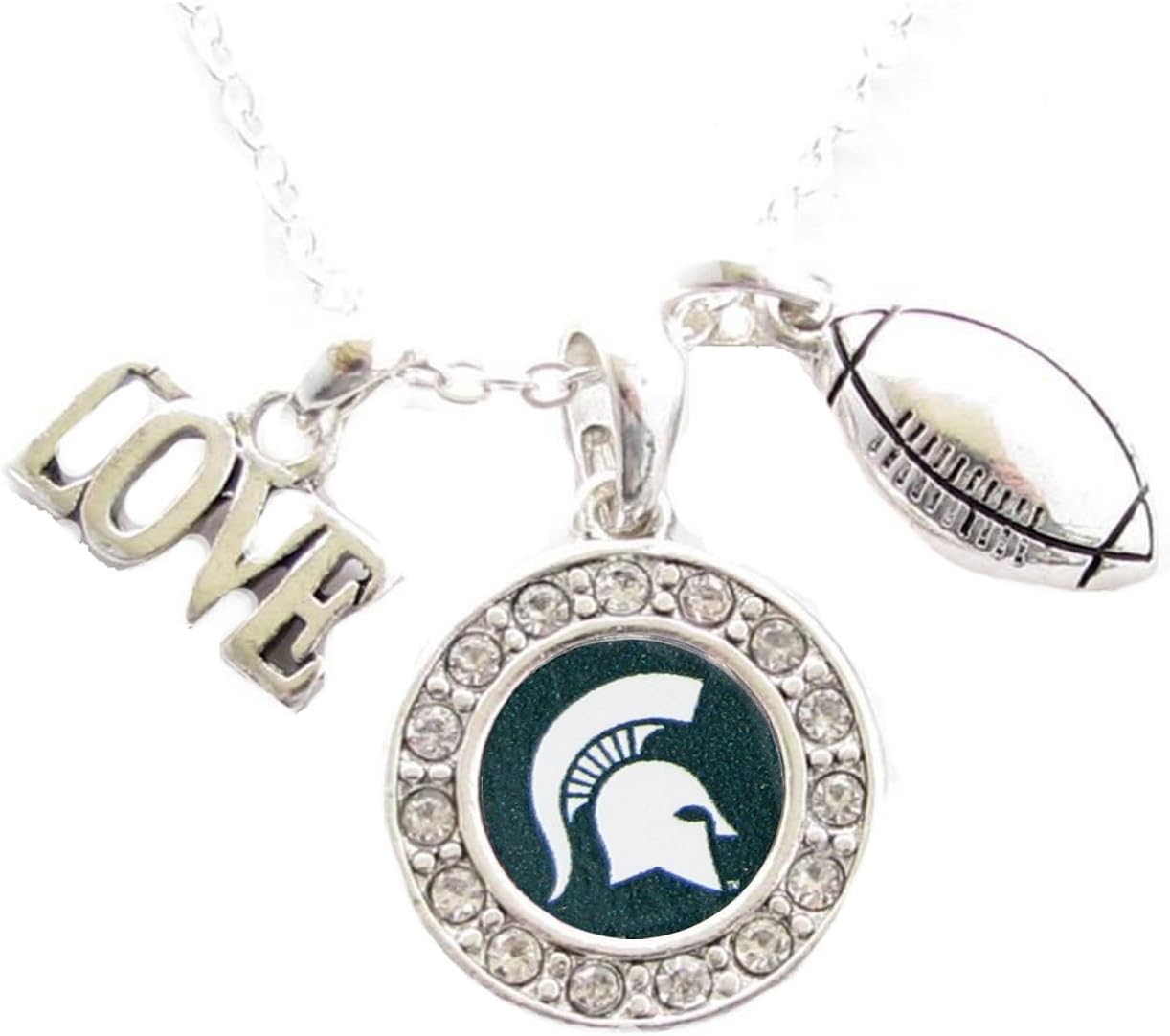 Sports Accessory Store Michigan State Spartans Multi Charm Love Football Green Silver Necklace Jewelry