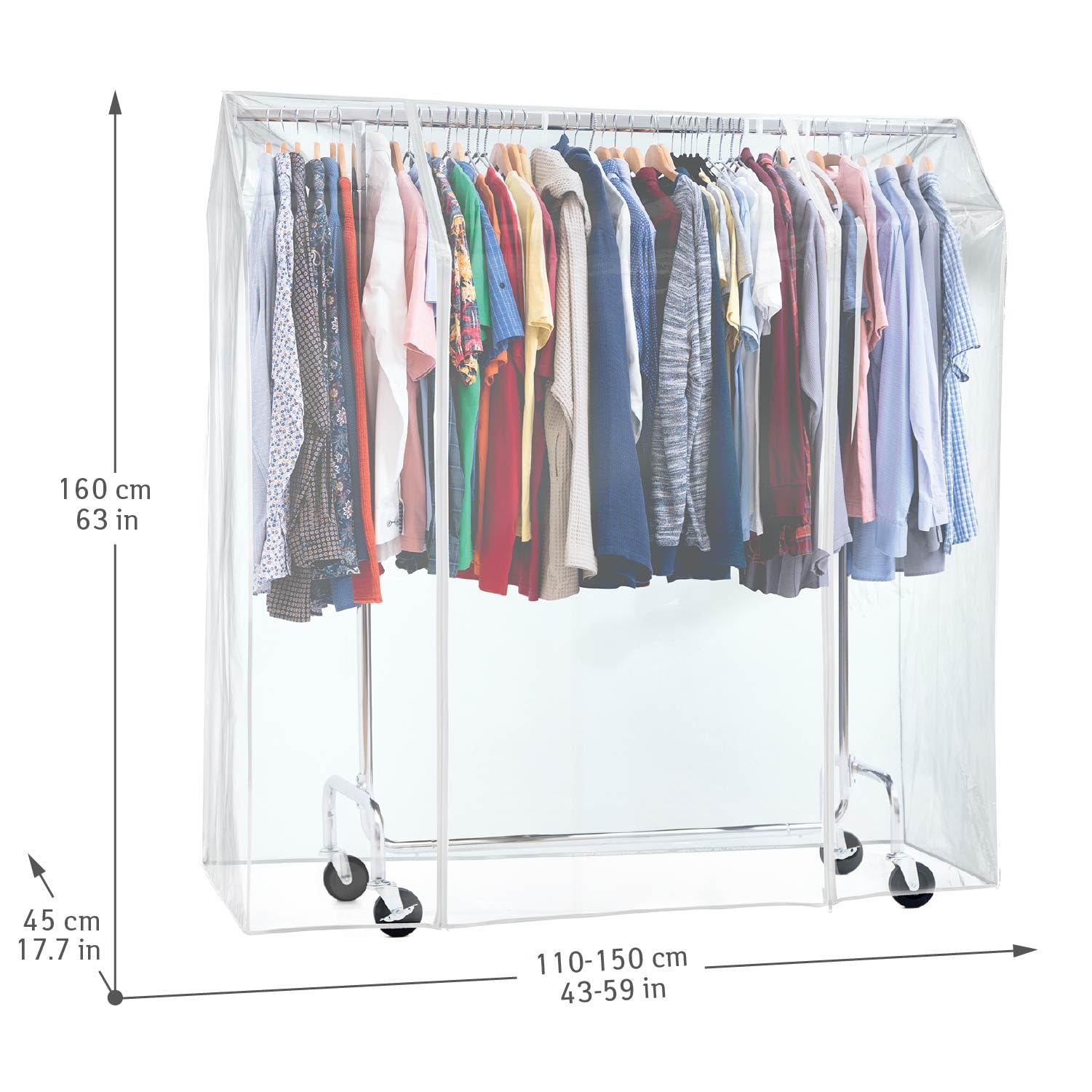 Tatkraft Didrik & Schild - Burro Ropa Resistente con Funda, Hasta 130 kg | Profesional Burro de Ropa con Ruedas, Armario de Tela, Anchura Ajustable 110-150x45x160cm, Perchero Burro Ropa, Acero Cromado
