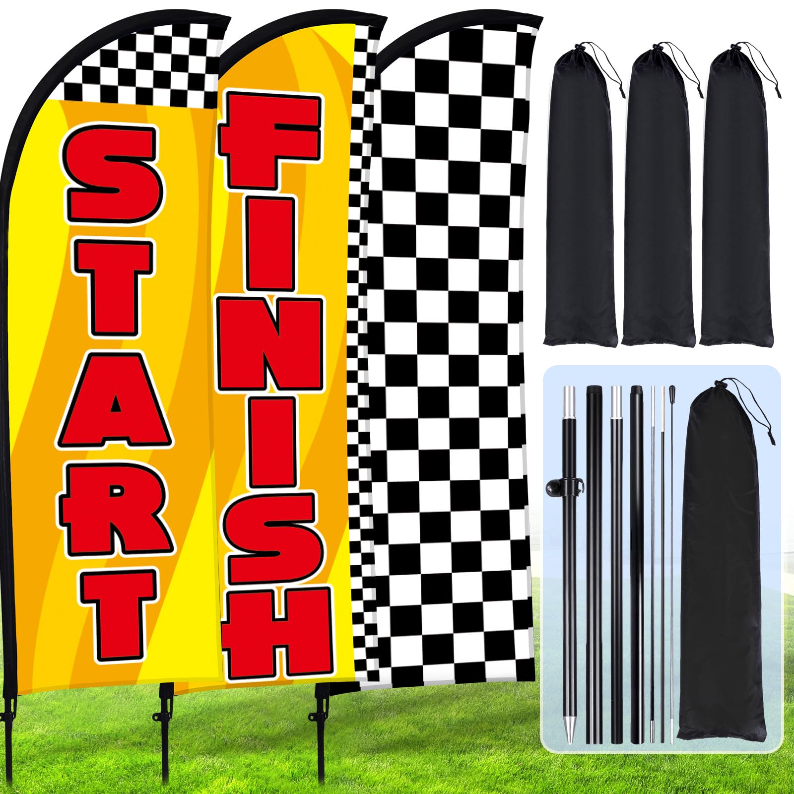 Buryeah 3 Sets Start Finish and Black White Checkered Feather Flag 8 ft Start Advertising Banner Swooper Flag with Pole Kit and Ground Stake for Marathons and Special Events Outside, Yellow