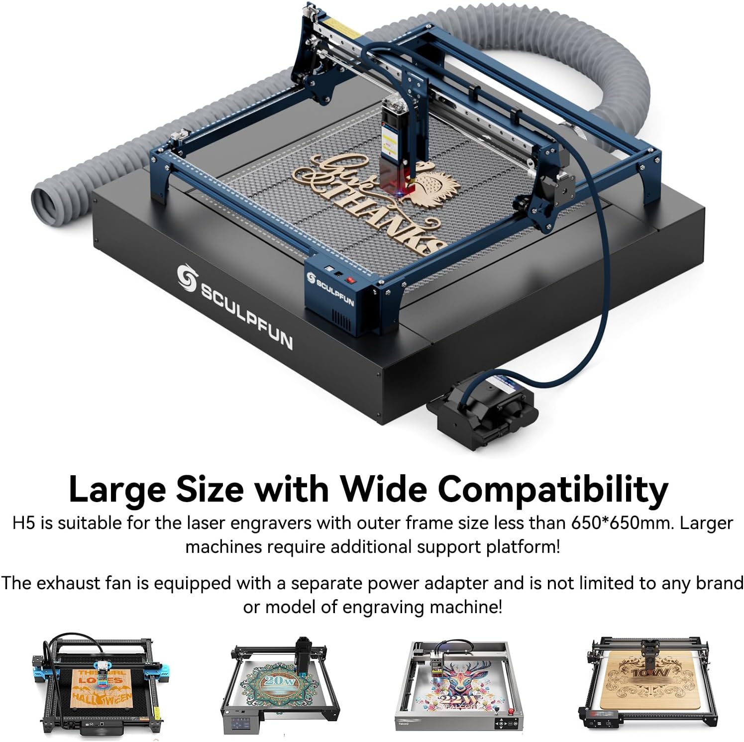 SCULPFUN H5 Honeycomb Cutting Exhaust Platform, 650×650mm Honeycomb Laser Bed with Fume Extraction Fan, Fast Heat Dissipation, Smooth Edge Cutting, for S9 S1 S30 PRO Ultra SF-A9 40W Laser Engravers