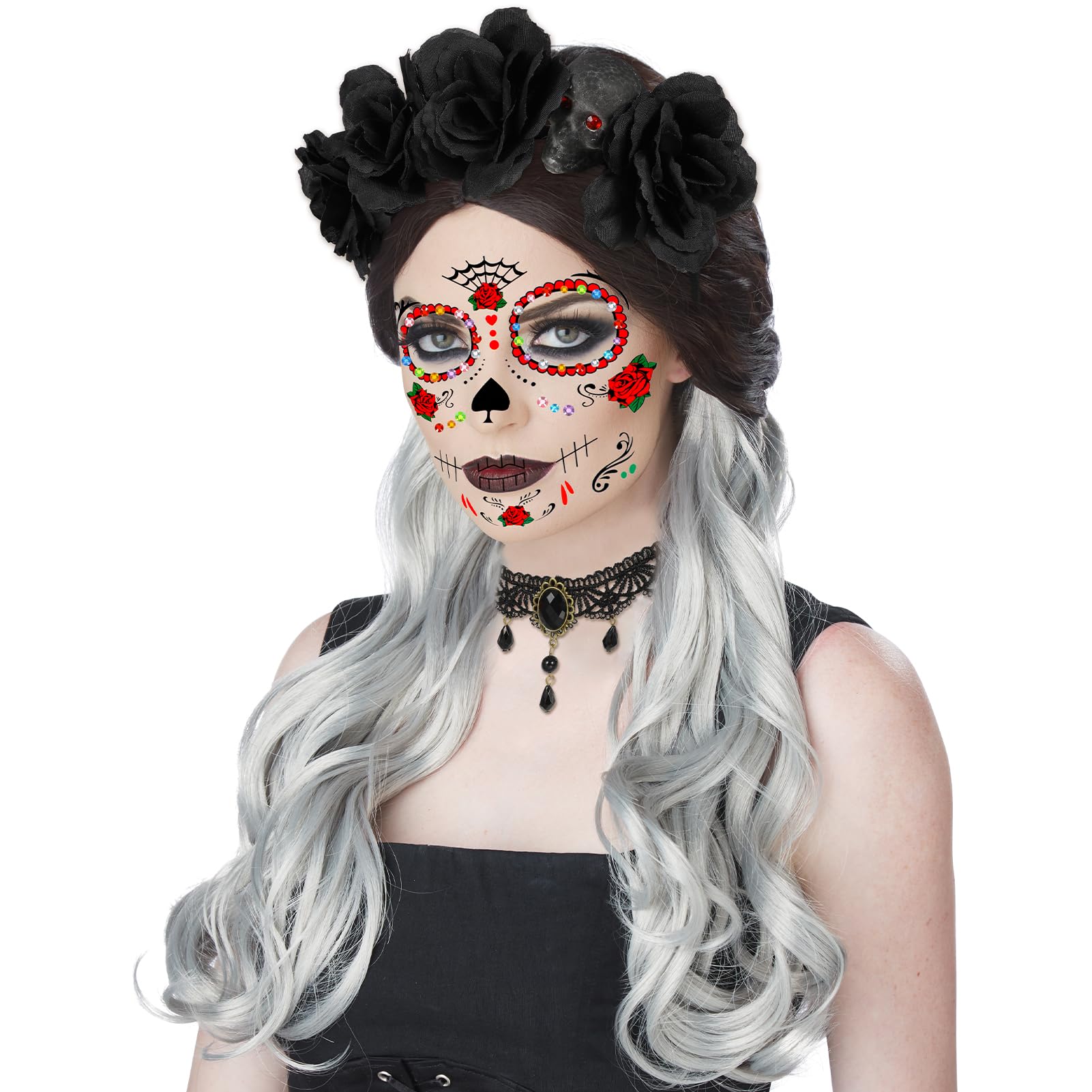 DPKOW Day of the Dead Headband Face Tattoo Gems Skeleton Tights Necklace Day of the Dead Costume Accessories Women - Image 4