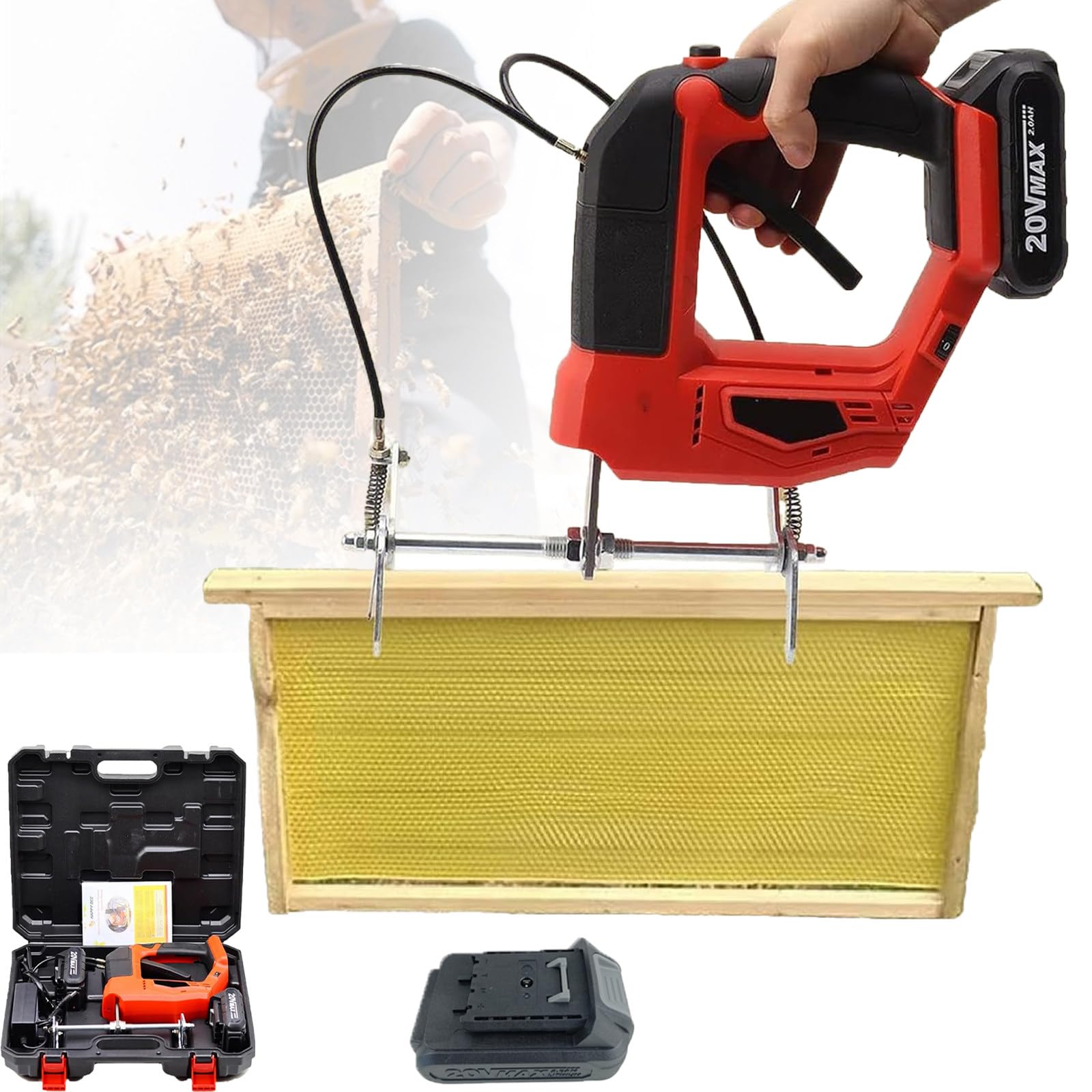 Atwynd Electric Bee Shaker-4 Adjustable Speeds, Handheld Beehive Frame Shaking Machine with 2000mAh Lithium Batteries, Electric Bee Remover for Farms, Apiaries, Beekeeping Bases Red-1battery