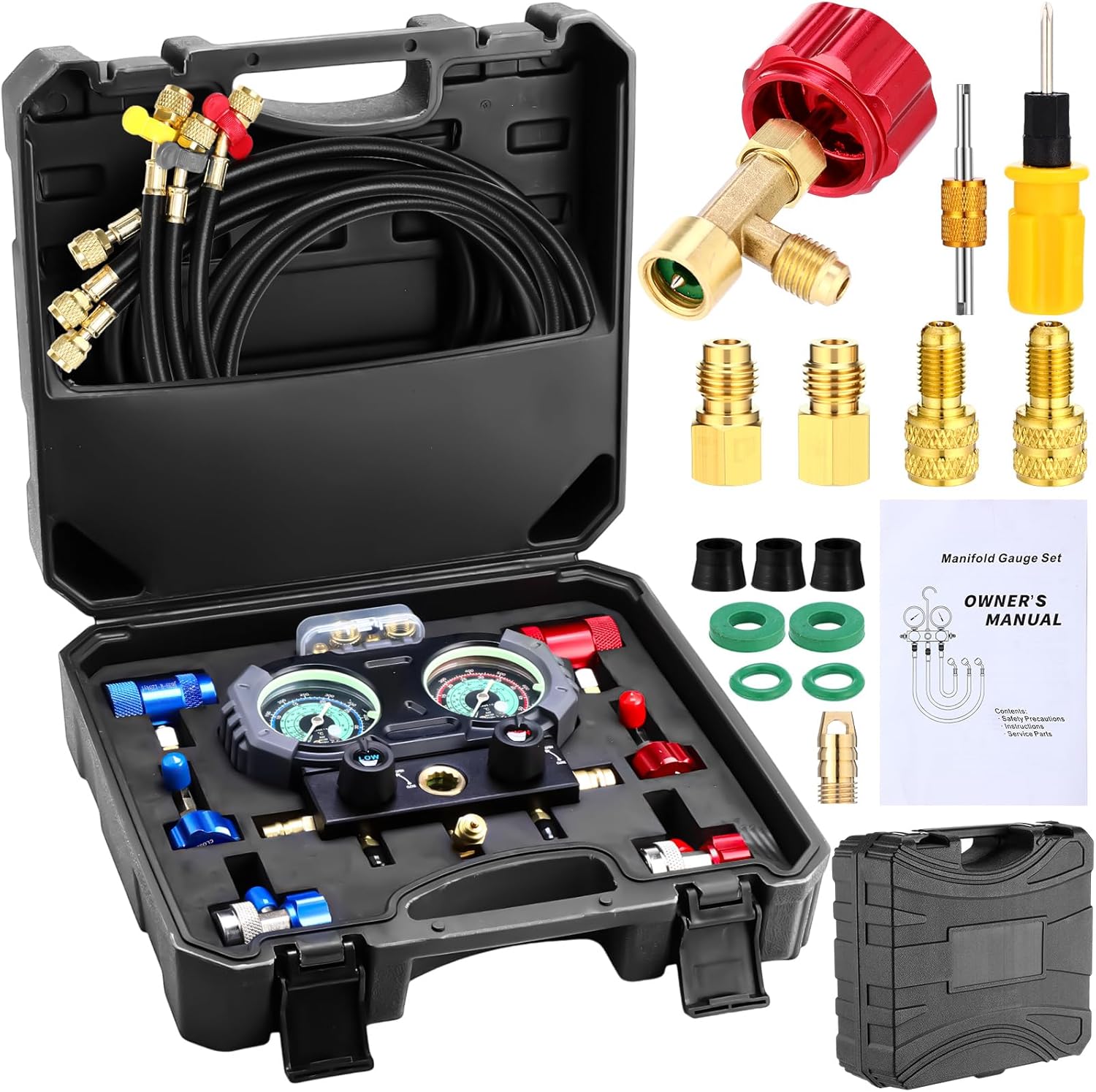 3 Way AC Manifold Gauge Set for R1234yf R134a R410a R32 Automotive Air Conditioner, Automotive HVAC Diagnostic Gauge with 5ft Hoses Quick Couplers Tank Adapter Can Tap for Car Charging and Evacuation