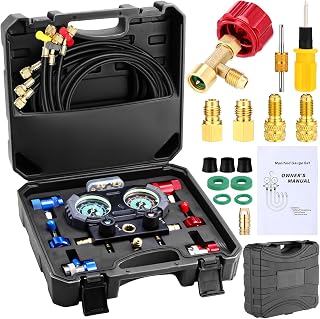 3 Way AC Manifold Gauge Set for R1234yf R134a R410a R32 Automotive Air Conditioner, Automotive HVAC Diagnostic Gauge with 5ft Hoses Quick Couplers Tank Adapter Can Tap for Car Charging and Evacuation