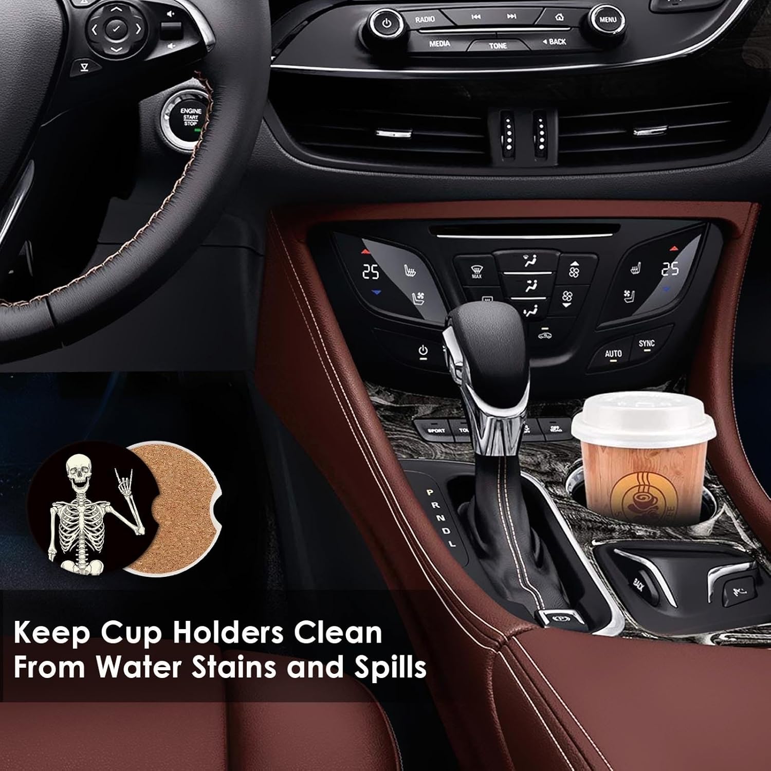 Britimes Absorbent Car Coasters 2 Pack for Cup Holders, 2.56" Ceramic Stone & Non-Scratch Cork Base Drink Coasters Human Skeleton - Image 3