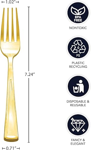 Miniatura 2 de Party Essentials Cubiertos de plástico desechablescubiertos de alta resistencia para todos los eventos, 50 unidades, tenedores dorados brillantes