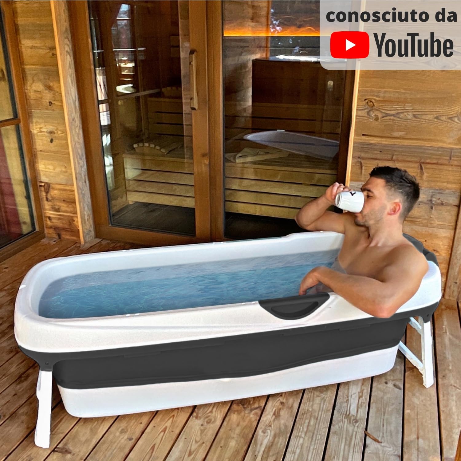 CRS - Vasca da bagno pieghevole per adulti XXL Black Line, 158 x 60 x 53 cm + cuscino per vasca da bagno mobile pieghevole, da appoggiare nella doccia, popolare su YouTube, nero