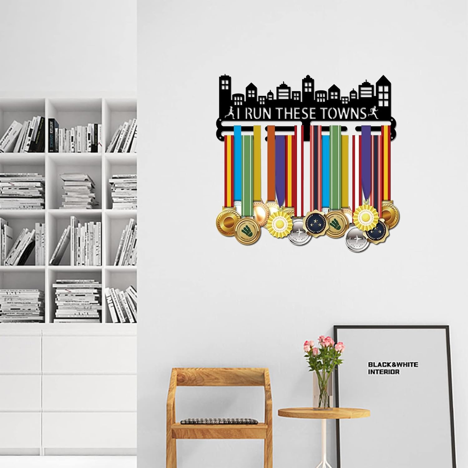 SUPERDANT Medal Holder - Running Marathon Display With Motivating Word 'I Run These Towns' - Black Iron Wall Mounted Hooks for Competition Medals - Wall Hanging
