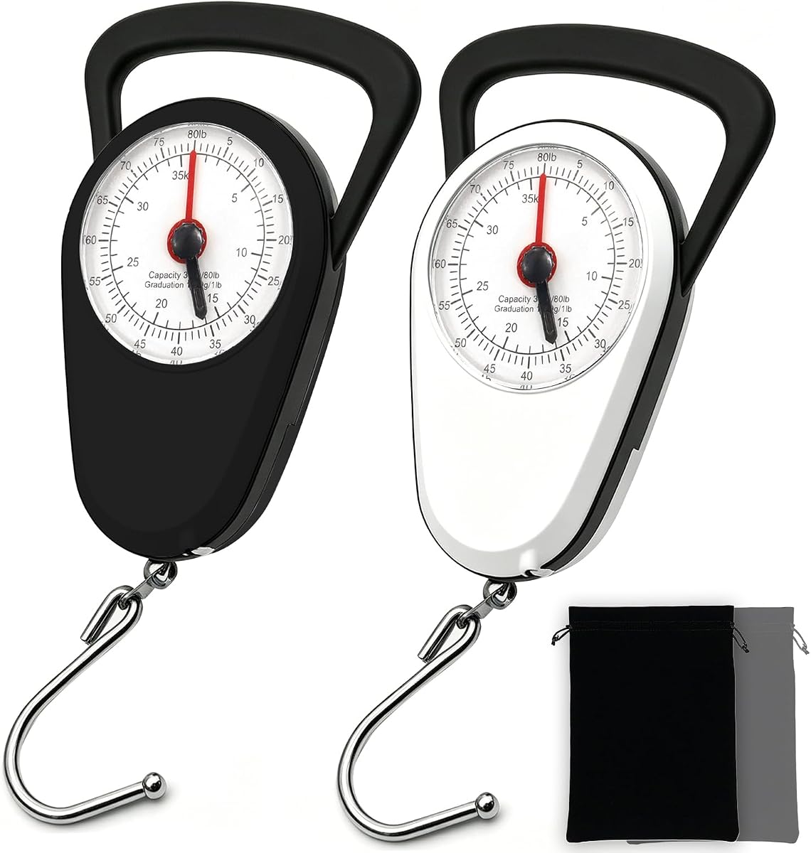 Luggage Weight Scale with Hook, 2PC Hanging Scale for Fish Travel, 80 Lbs | Battery-Free Luggage Scale, Black & White Suitcase Weight Scale, Measures Weight & Size for Travel, Bags & Outdoor Activities