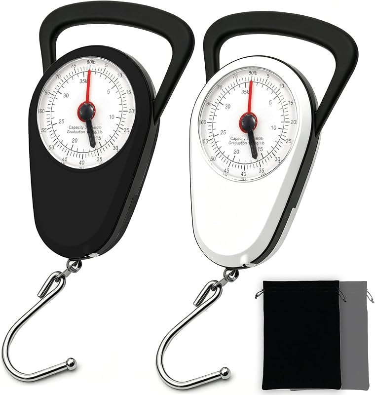 Luggage Weight Scale with Hook, 2PC Hanging Scale for Fish Travel, 80 Lbs | Battery-Free Luggage Scale, Black & White Suitcase Weight Scale, Measures Weight & Size for Travel, Bags & Outdoor Activities