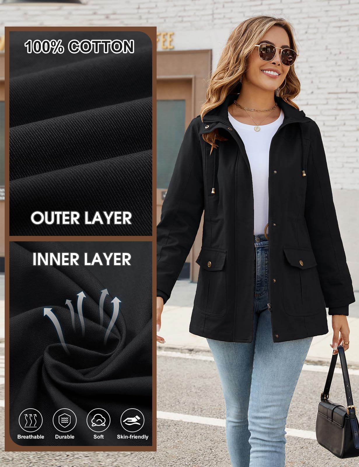 Vancavoo Übergangsjacke Damen Jacke Outdoor Kurzmantel Frühjahr Elegant Frühjahrsjacke Leichte Gefütterte Herbstjacke Baumwolle Damenjacke mit Kapuze mit Kordelzug