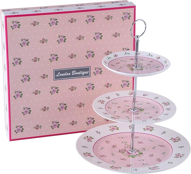 Cake Stand Afternoon Tea Stands 3 tier Cake Stand Vintage Flora Rose New Bone China Serving Plate for Tea Party High tea at home Gift for Her (Pink)