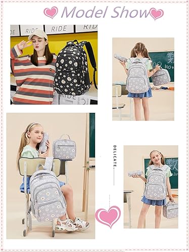 Miniatura 2 de Juego de mochila escolar de 3 piezas con estampado margarita para adolescentes, niñas, primaria, mediana y niños, impermeable, con bolsa de