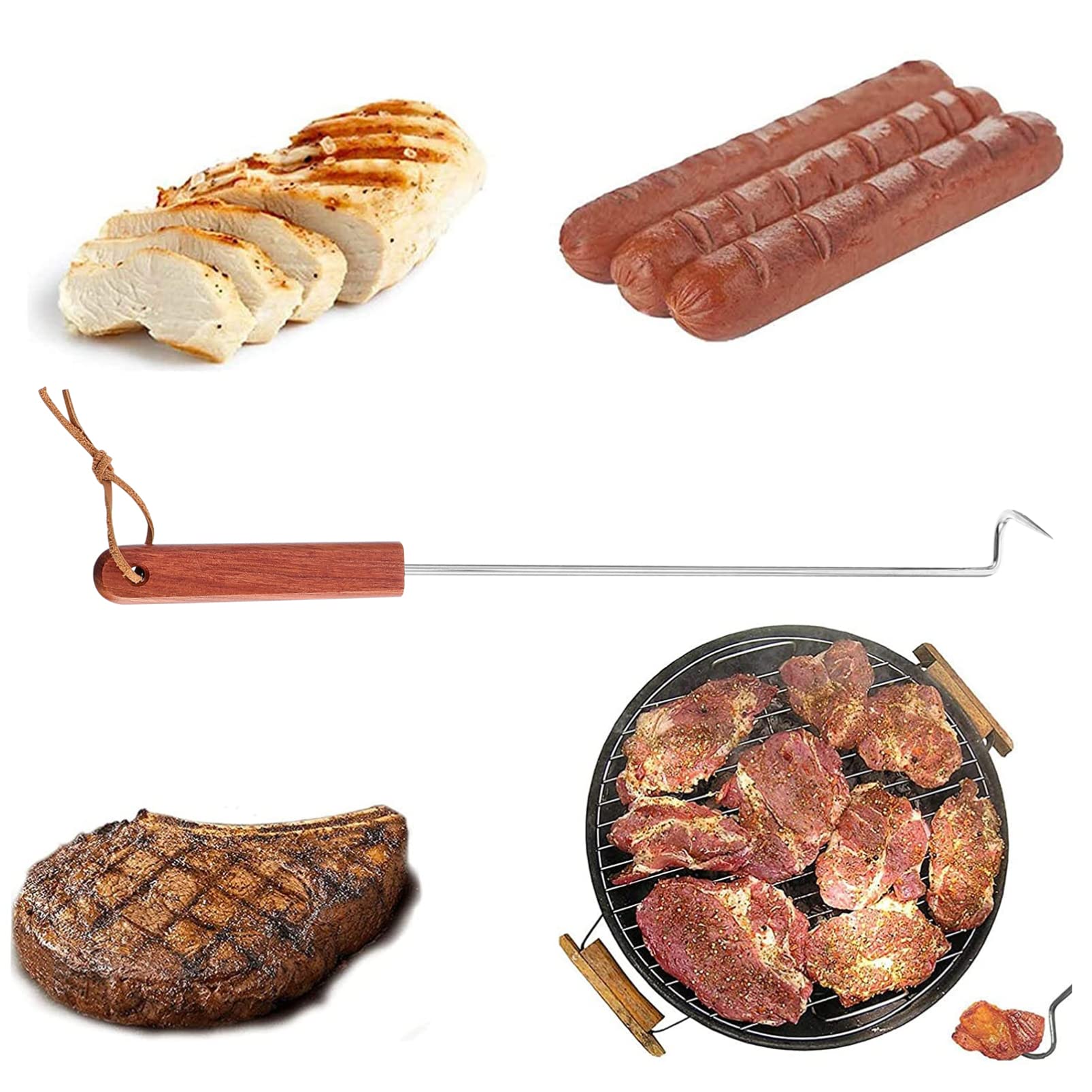 1pc Meat Fork Stainless Steel Grill Grate Food Flipper and Meat Hook Pigtail Food Flipper Kitchen Tools and Gadgets Bbq Outdoor Hooks Cooking Utensil Barbecue Skewers Braid Wooden