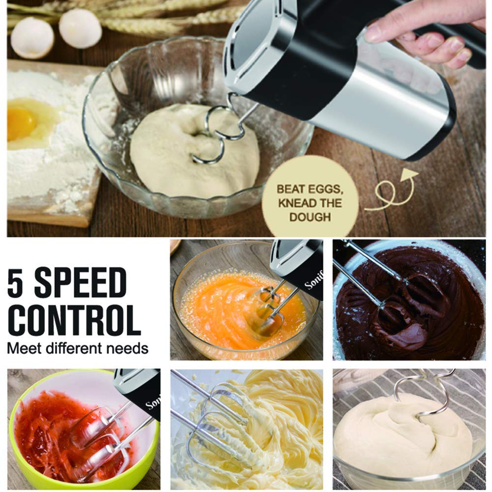 Impastatrice elettrica Professionale da 500 W Frusta Portatile Potente a 7 velocità Include fruste e Ganci per impastare per la Cottura in Cucina Torta all'uovo Crema, Nero