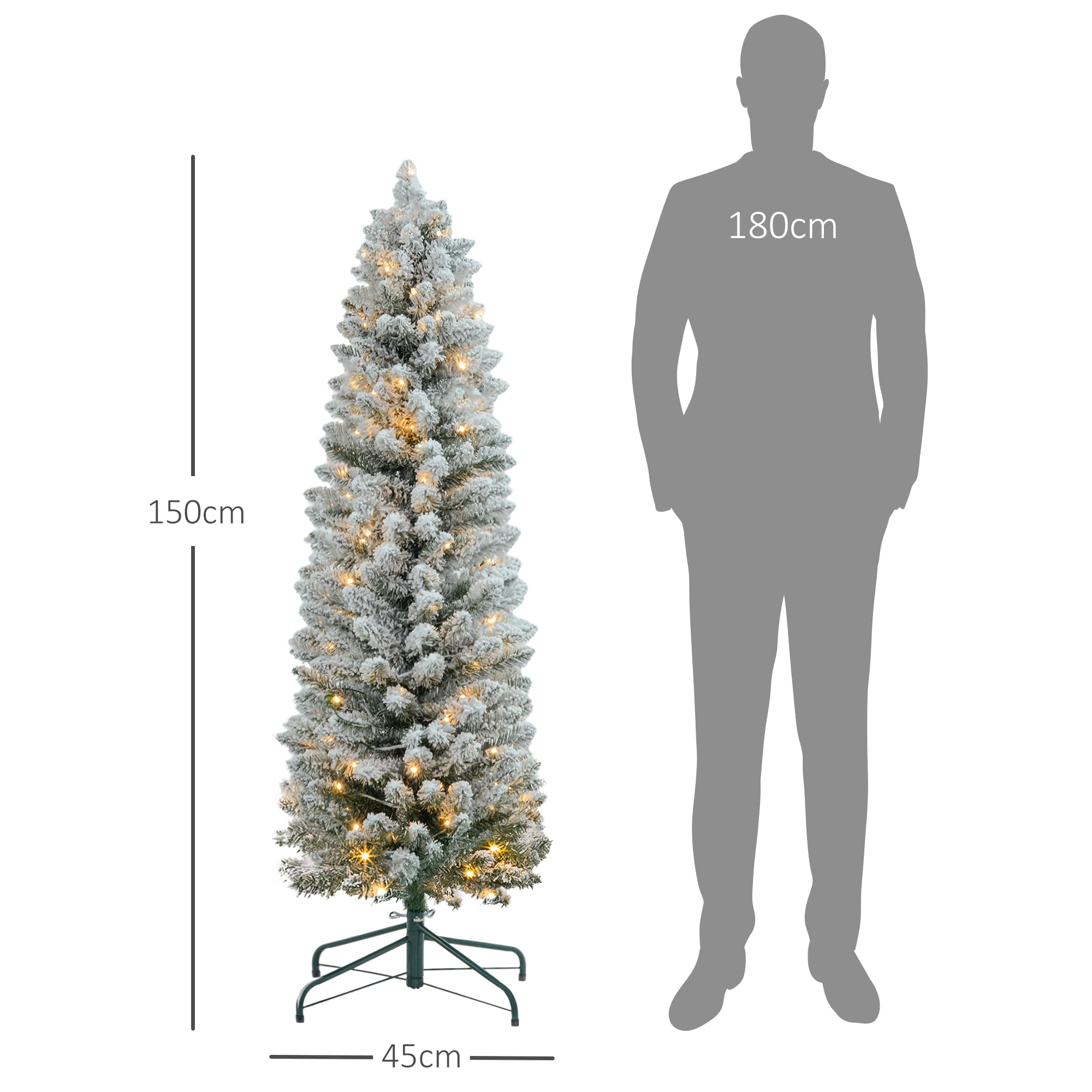 HOMCOM Árbol de Navidad Nevado 150 cm 120 Luces LED Verde y Blanco | Árbol de Navidad Artificial, 263 Ramas, Patas de Metal, para Salón