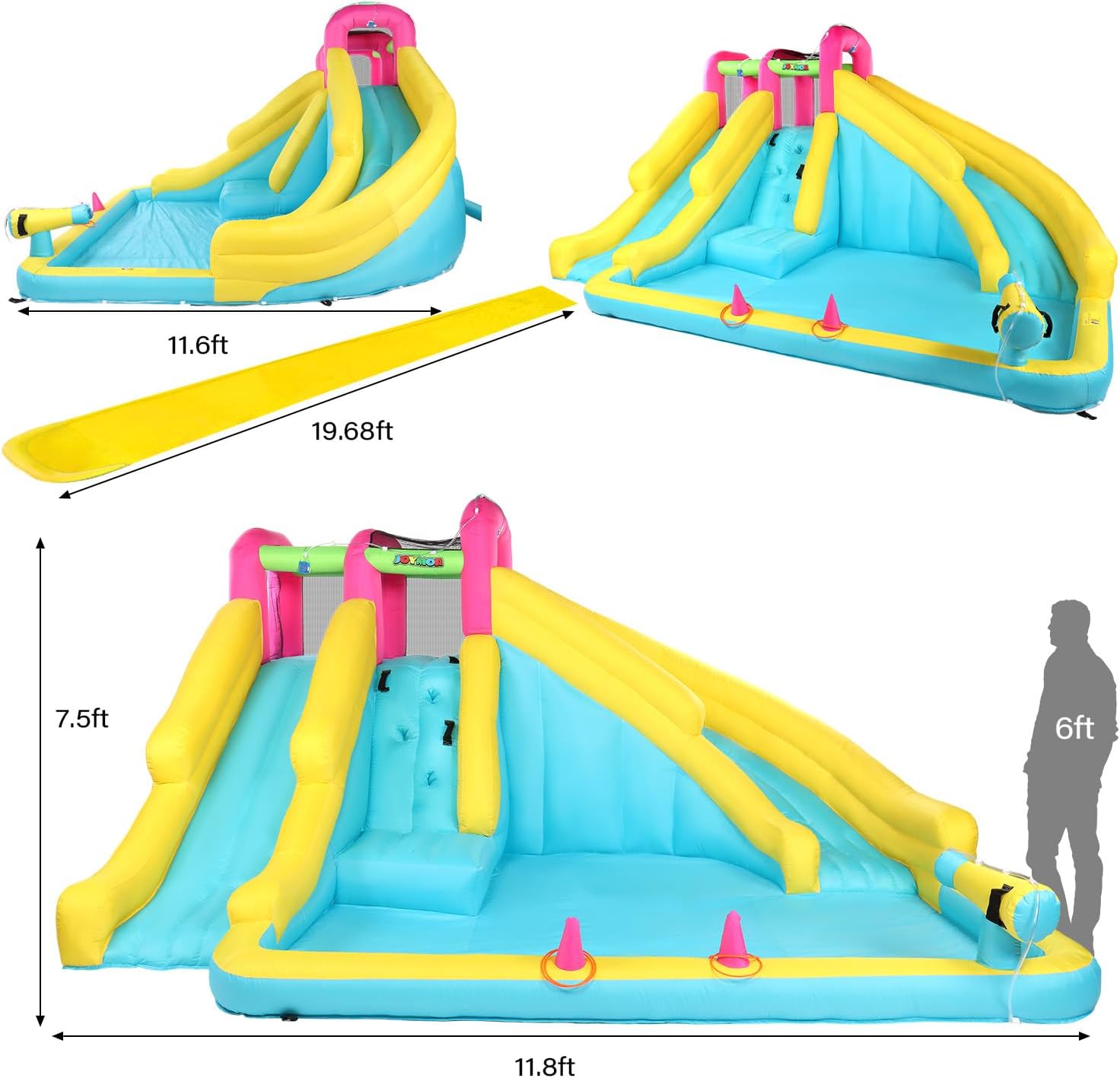 JOYMOR Inflatable Water Slide with 20FT Lawn Water Slide and Bodyboard, Water Slides for Kids Backyard w/Sprinkler and Pool, 1min Blow Up Water Slide w/Water Cannon, Ring-Toss (Include Blower)
