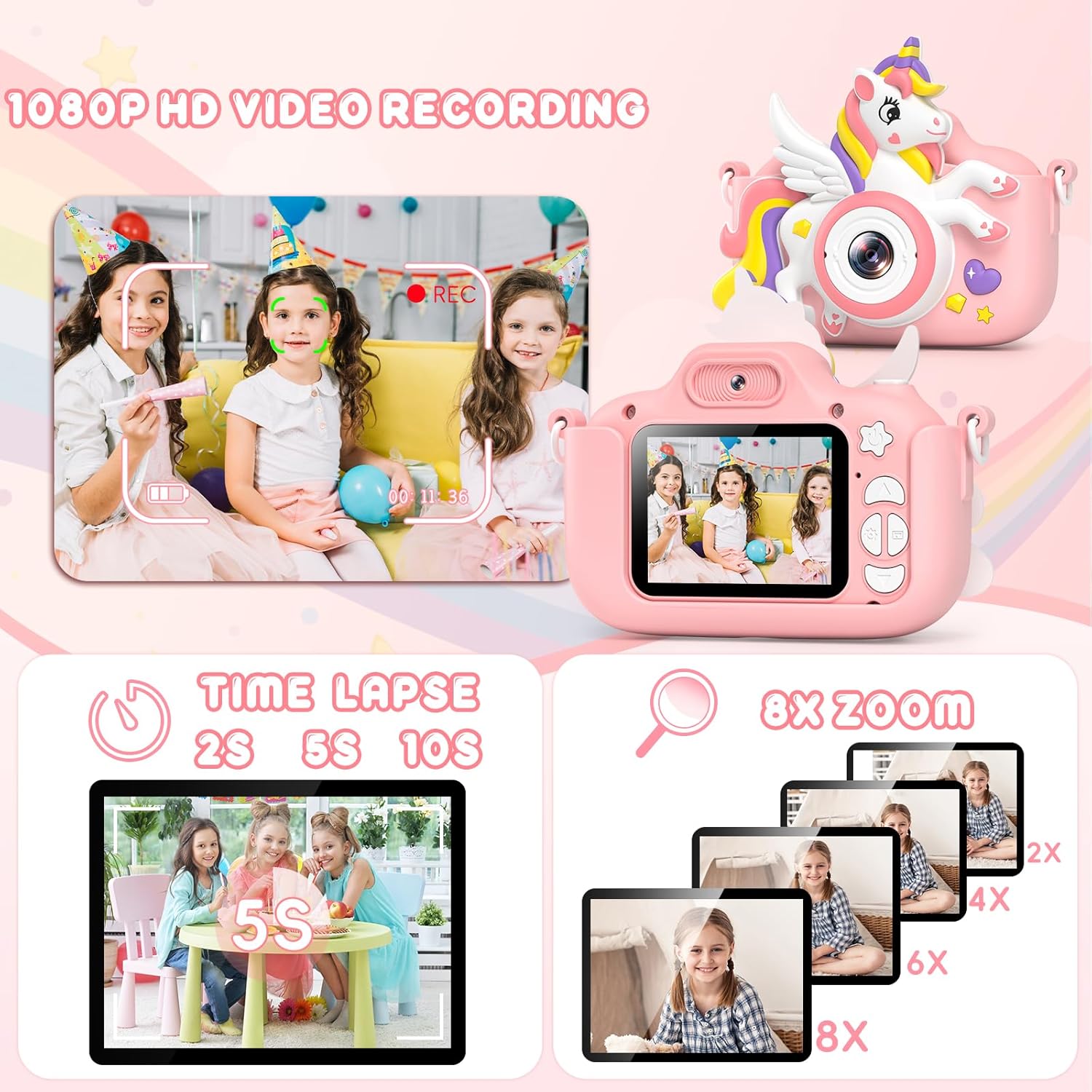 Kids Camera Toys Digital Camera for Girls Boys, Christmas Birthday Gifts for Kids Age 3-12, Selfie 1080P HD Video Digital Camera for 3 4 5 6 7 8 9 10 Year Old Girls with 32GB TF Card Pink-Unican image 4 of 13 B0D7W21C2C