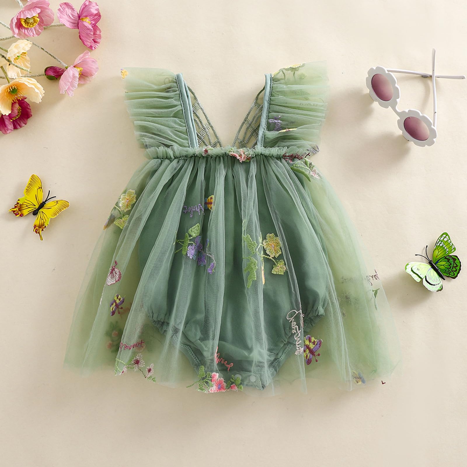 ?Newborn Baby Girl Romper Dress Flower Butterfly Embroidery Sleeveless Romper Tulle Mesh Dress Princess Dress (A-Green, 6-9 Months)