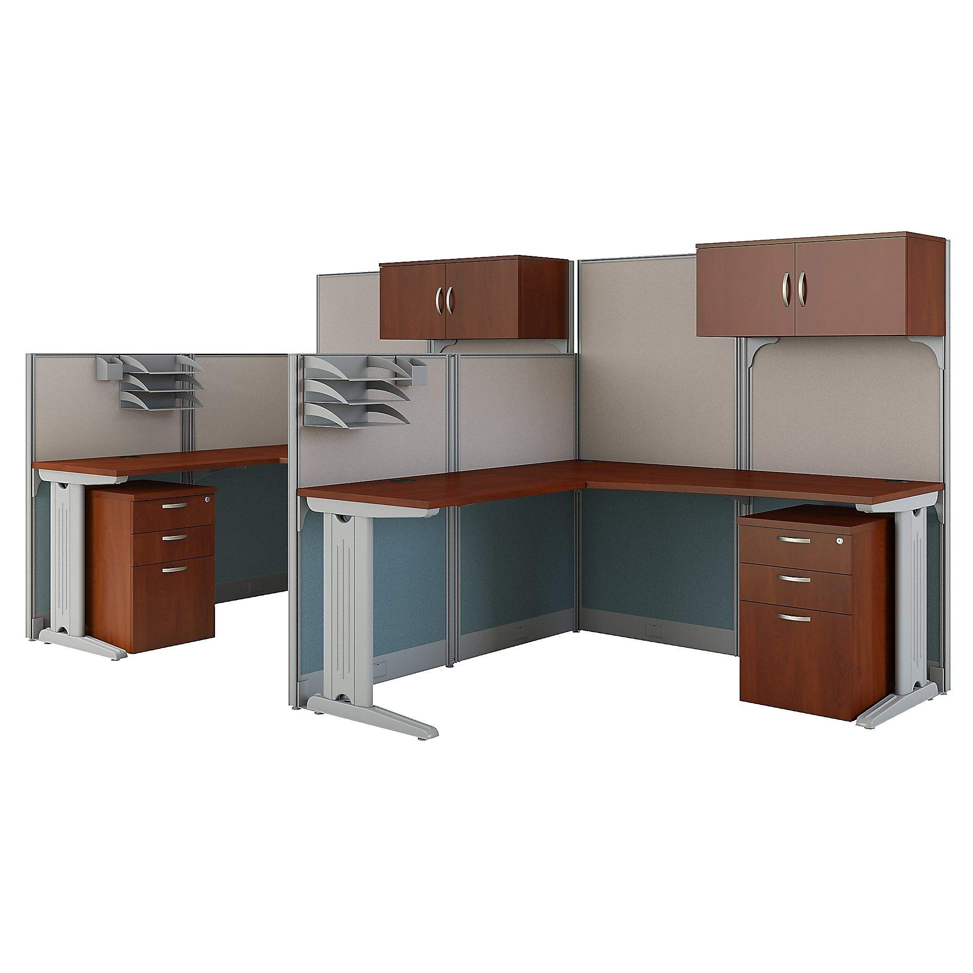 Bush Business Furniture Office in an Hour 2 Person L Shaped Cubicle Desks with Storage, Drawers, and Organizers in Hansen Cherry | Double Workstation Set with Privacy Panels for Commercial Workspace