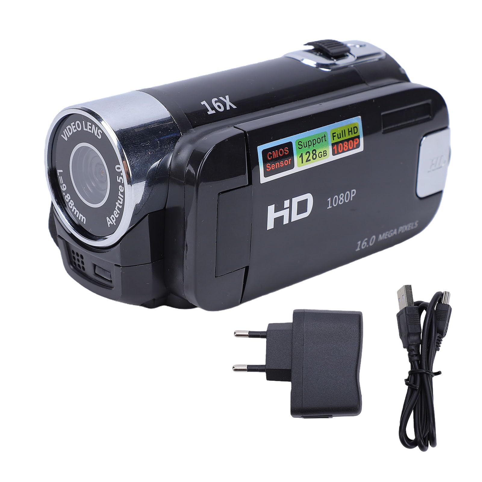 Videocamera Portatile per FHD con Zoom Digitale 16X, Rotazione Full HD Ad Alta Definizione 16X Tragbar DV Camera (BLACK)