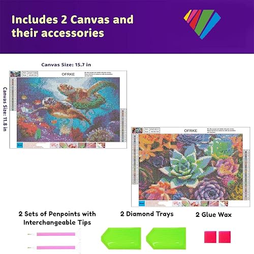 Miniatura 3 de Kits de pintura de diamantes de 2 piezas para adultos y niños pintura colorida de tortuga marina y plantas suculentas obra de arte colorida para