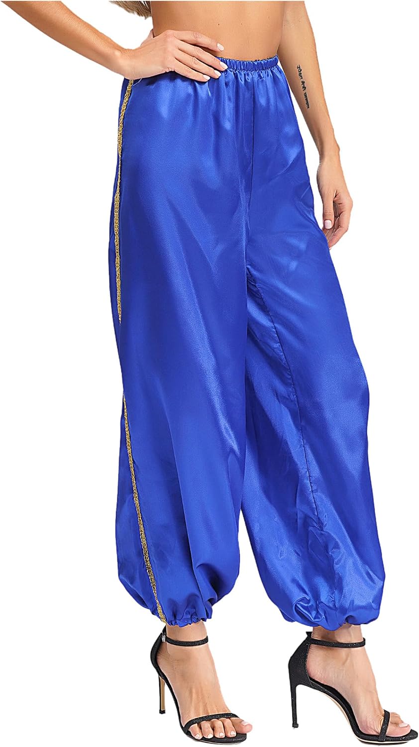 Womens Arabian Princess Cosplay Pants Belly Dance Costume Silky Satin Harem Long Pants Outfit