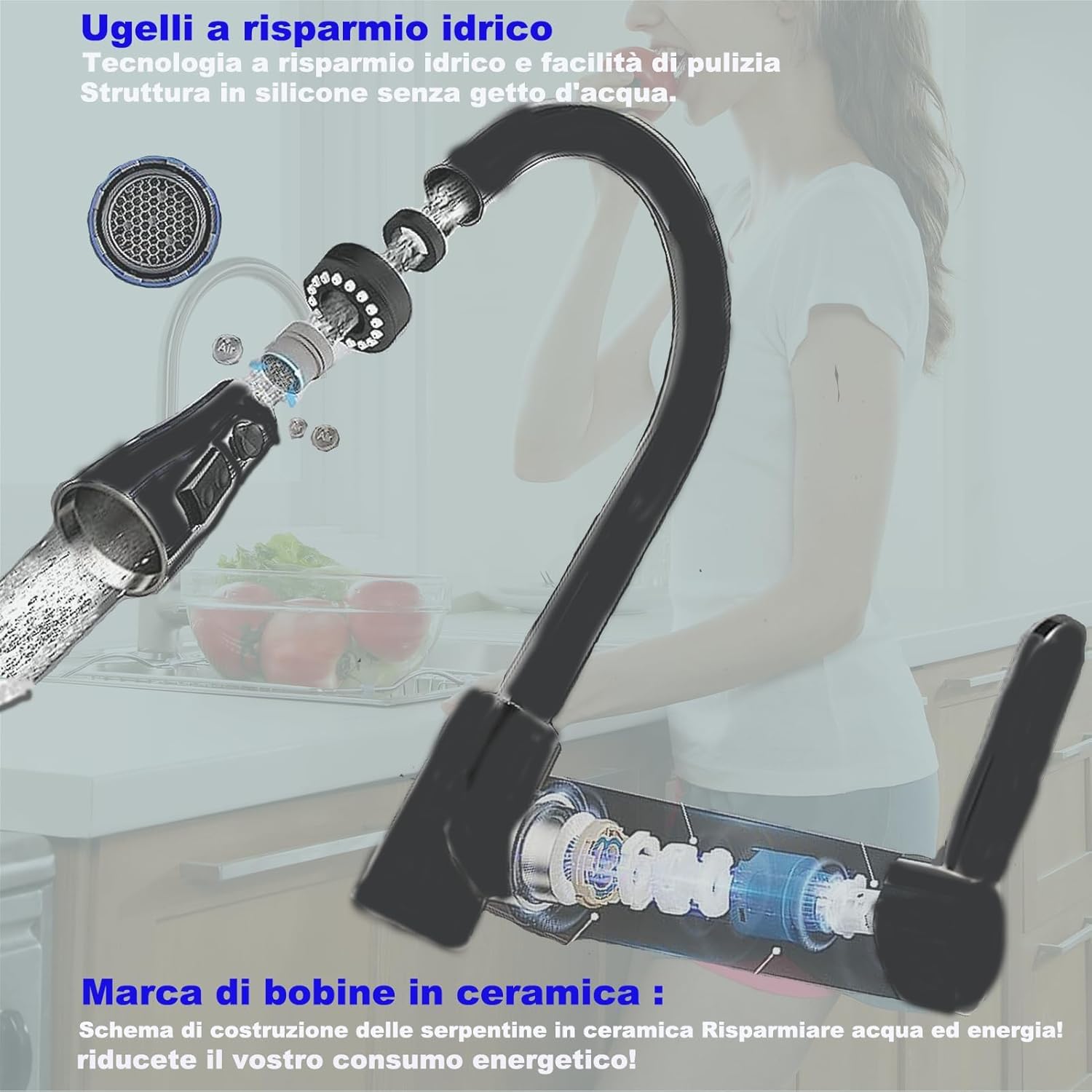 XWIHTR rubinetto da cucina estraibile a scomparsa, rubinetto da cucina girevole a 360°, miscelatore da cucina in acciaio inox a 3 modalità, rubinetto per lavello da cucina (nero - testa grande)