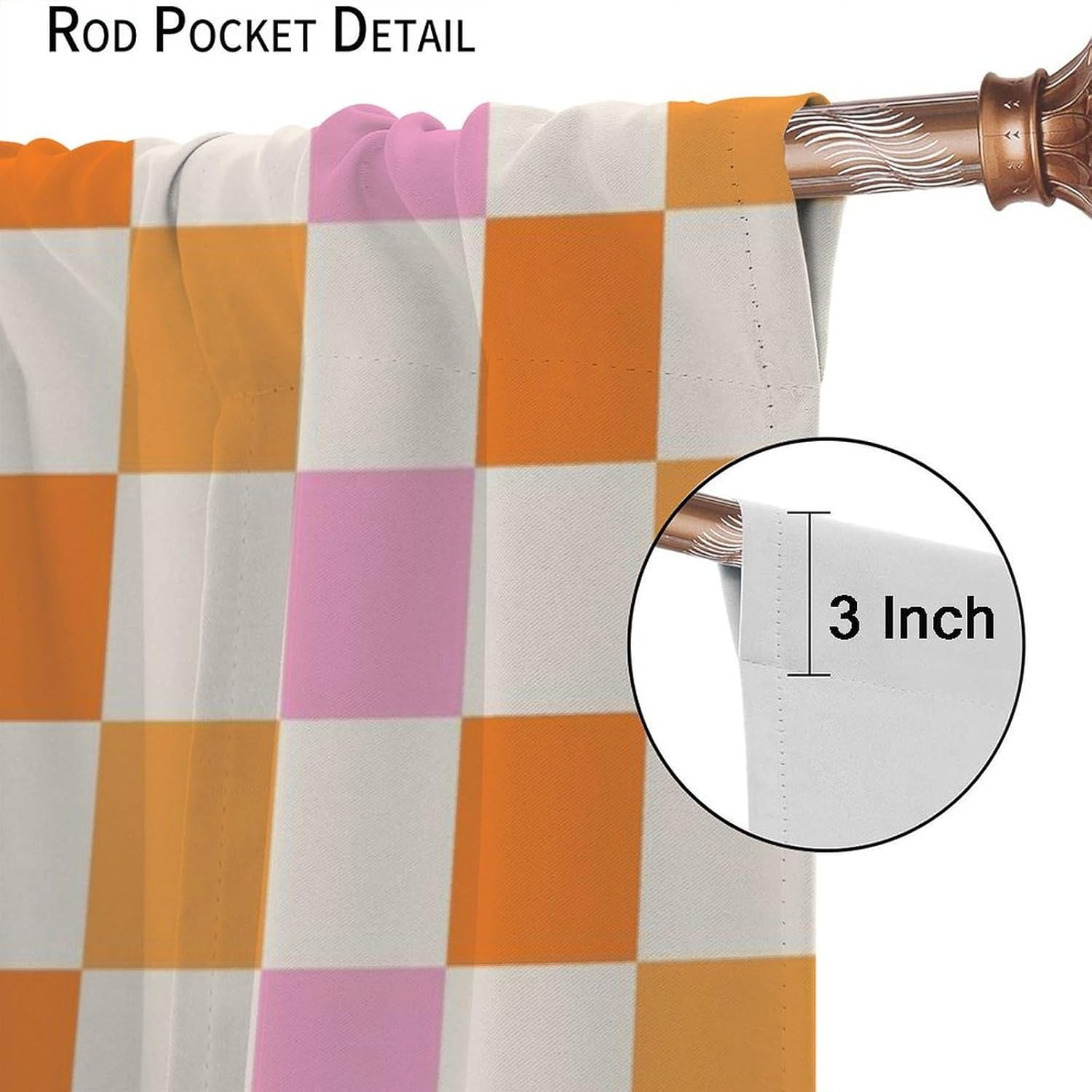 Hippie Retro 70s Curtains Vintage Geometric Square Grid Yellow Orange Pink 1960s Country Farmhouse Blackout Window Treatment for Kitchen Kids Girls Woman Bedroom Decor 42" W X 54" L