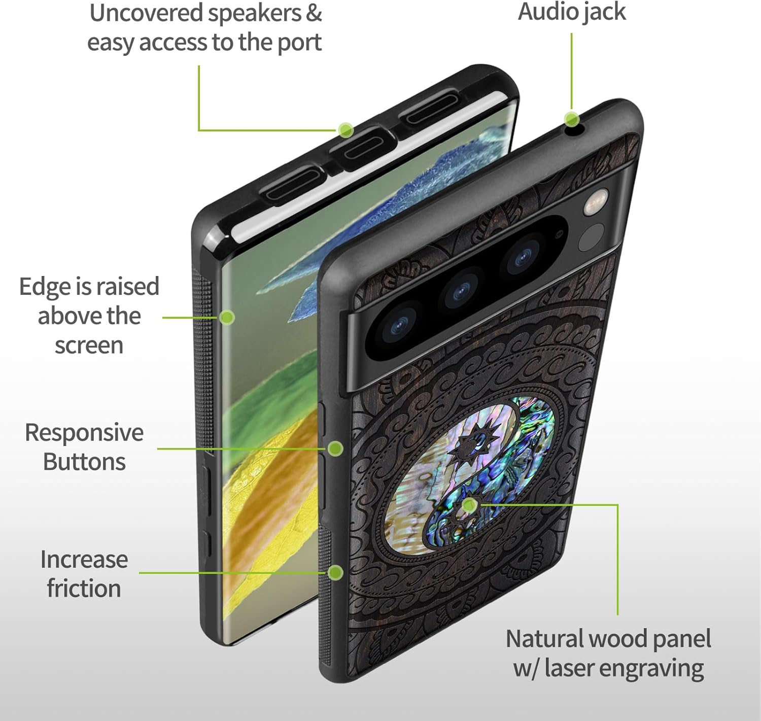 Carveit Designer Wooden Case for Google Pixel 8 Pro Case Cover [Wood Engraving & Shell Inlay] Compatible with Wireless Chargers Pixel 8 Pro (Yin Yang Paisley-Blackwood)