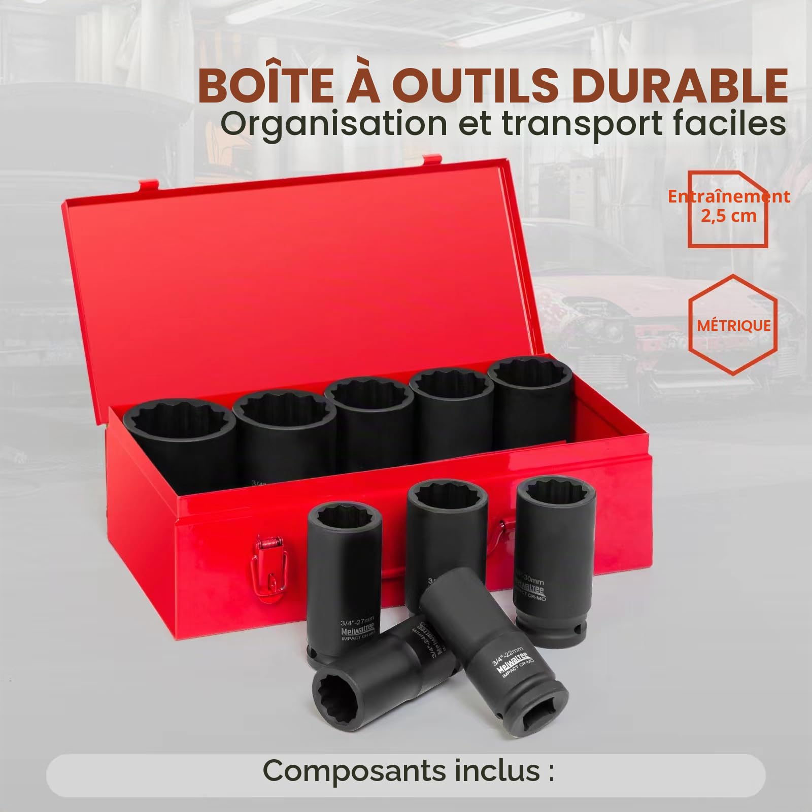 1" Jeu de douilles à choc | 90MM de profondeur |10-pièces assortiment jumbo profond douilles à choc tailles métriques 22-50MM | Design 12 points | Coffret métal | Acier Cr-Mo.
