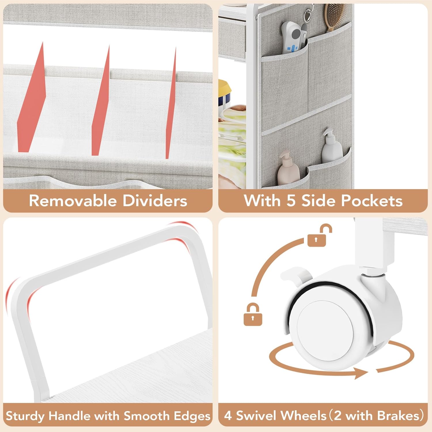 BBLIKE 3-Tier Diaper Caddy Organizer - Rolling Utility Baby Cart with Drawer and Side Pockets for Nursery and Baby Essentials, Multi-Function Cart for Bedroom and Bathroom, White