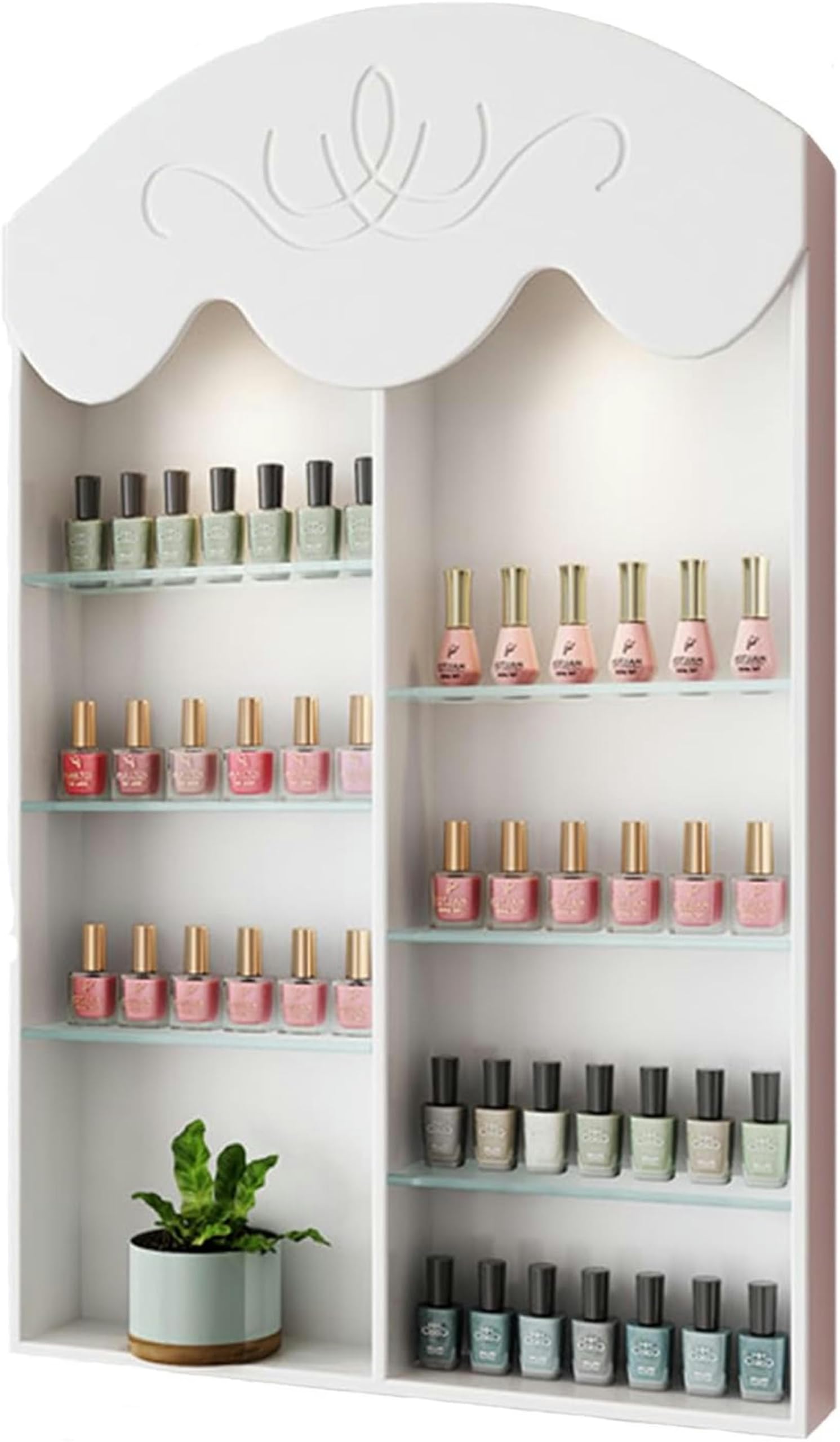 Estante de pared para esmaltes de uñas de madera blanca con silueta de casa y repisa de perfume 1