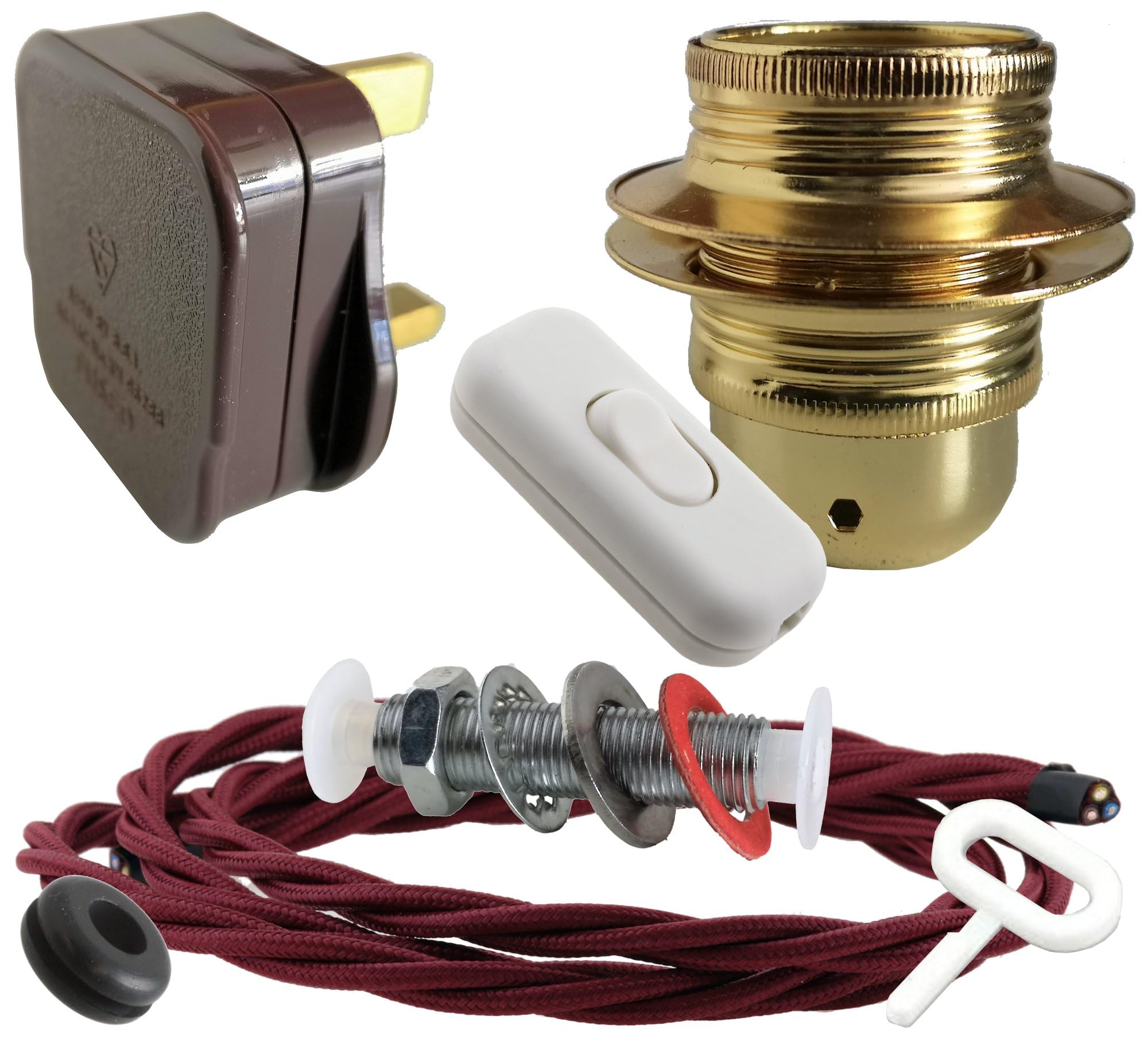 Art Deco Emporium Lamp Repair and Service Kit|Brown Plug|Burgundy Flex|White Switch|E27 Brass Finish Lamp Holder Holder